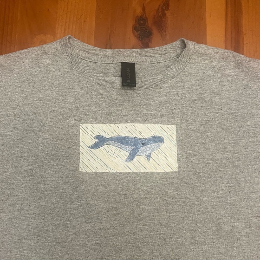 Handmade blue whale patchwork t shirt women’s size small